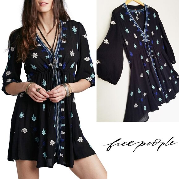 FREE PEOPLE Star Gazer Embroidered Boho Mini Dress Coverup Black XS Tunic $128 - Picture 1 of 16